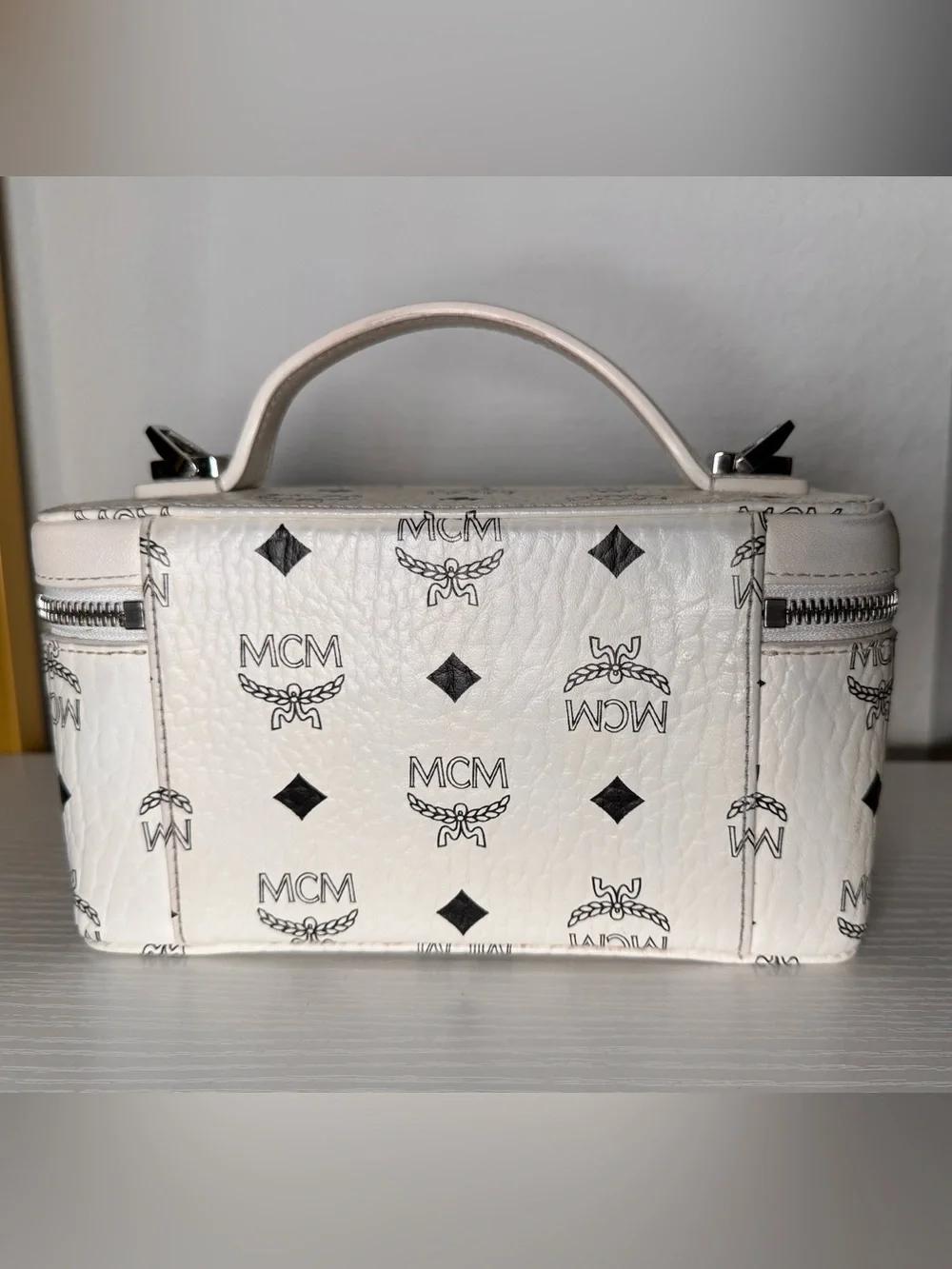 MCM White Logo Print Vanity Case with Silver Hardware